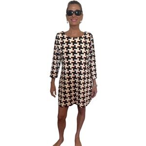 Aryeh New with Tags orange and cream and black geometric over the knee dress L